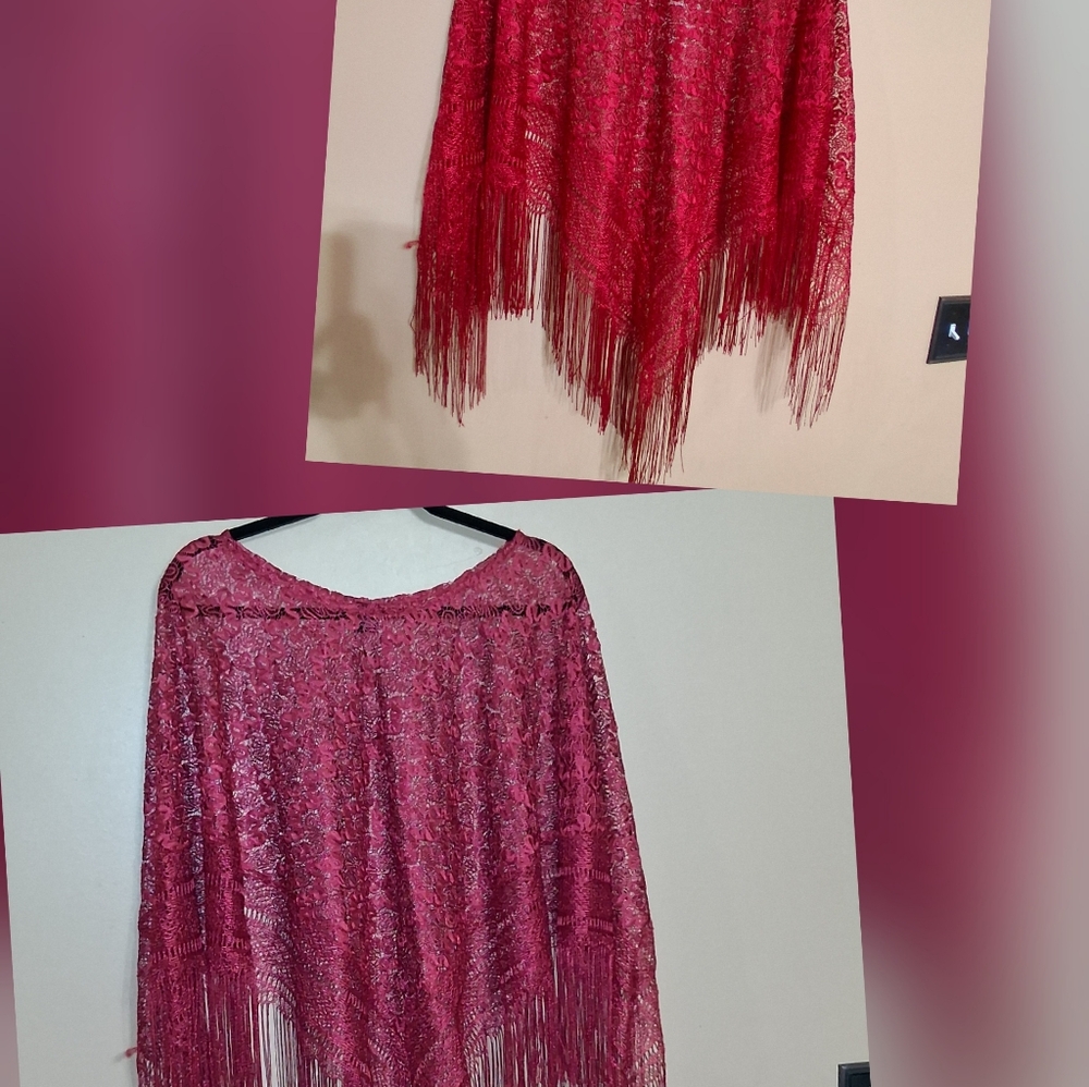 Elegant Red Lace Fringe Shawl